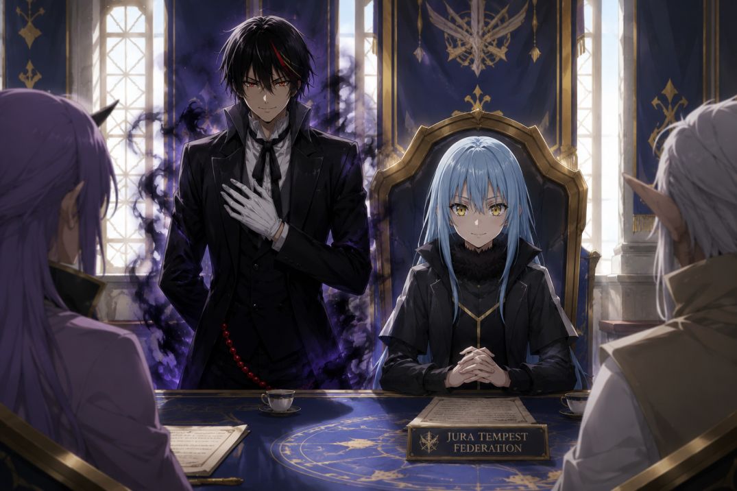 Diablo standing beside Rimuru Tempest as his strongest subordinate in That Time I Got Reincarnated as a Slime.